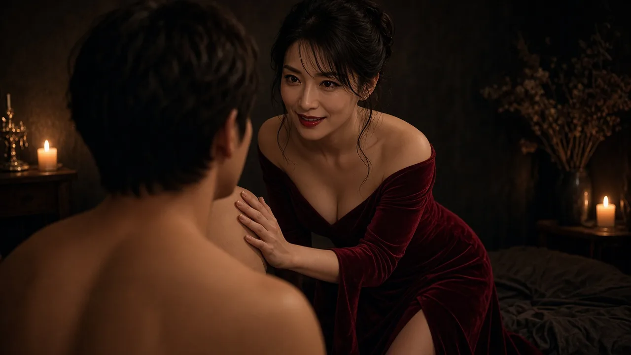 ワインレッドのドレスの女性が、上半身裸の男性の胸に手を当てて迫るように顔を寄せるイメージ(男性は後ろ姿)