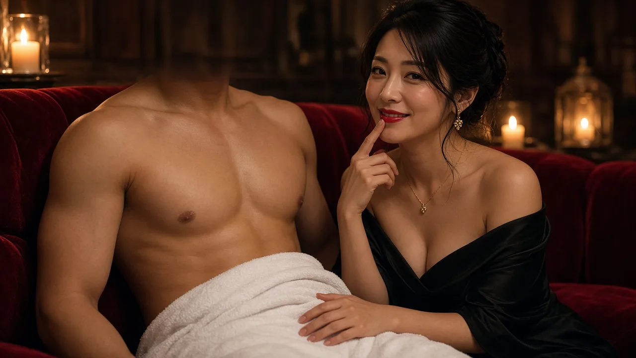 赤いソファで、黒いドレスの女性が口元に指を当てて微笑み、隣に座る上半身裸の男性のひざの白いタオルに手を置くイメージ