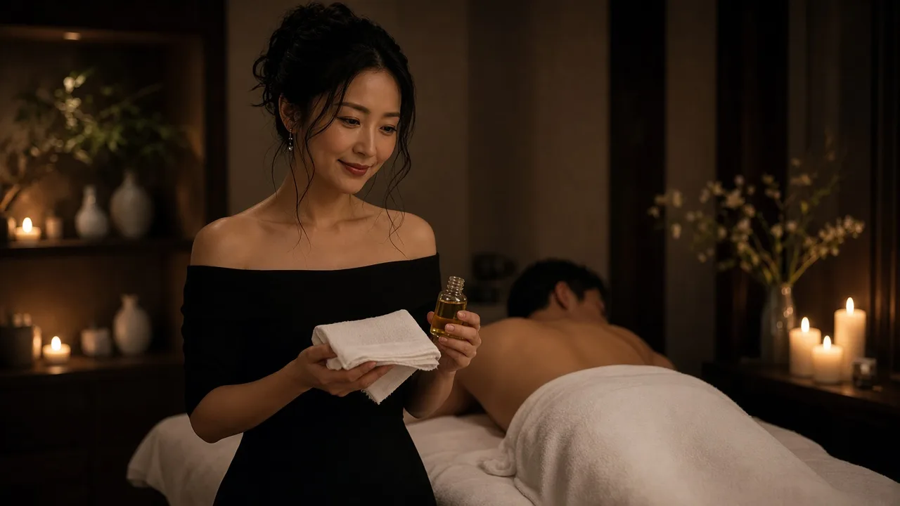 キャンドルの灯る部屋で、黒いドレスの女性が白いタオルとオイルの小瓶を手に微笑み、奥でタオルをかけた男性がうつぶせに横たわるイメージ