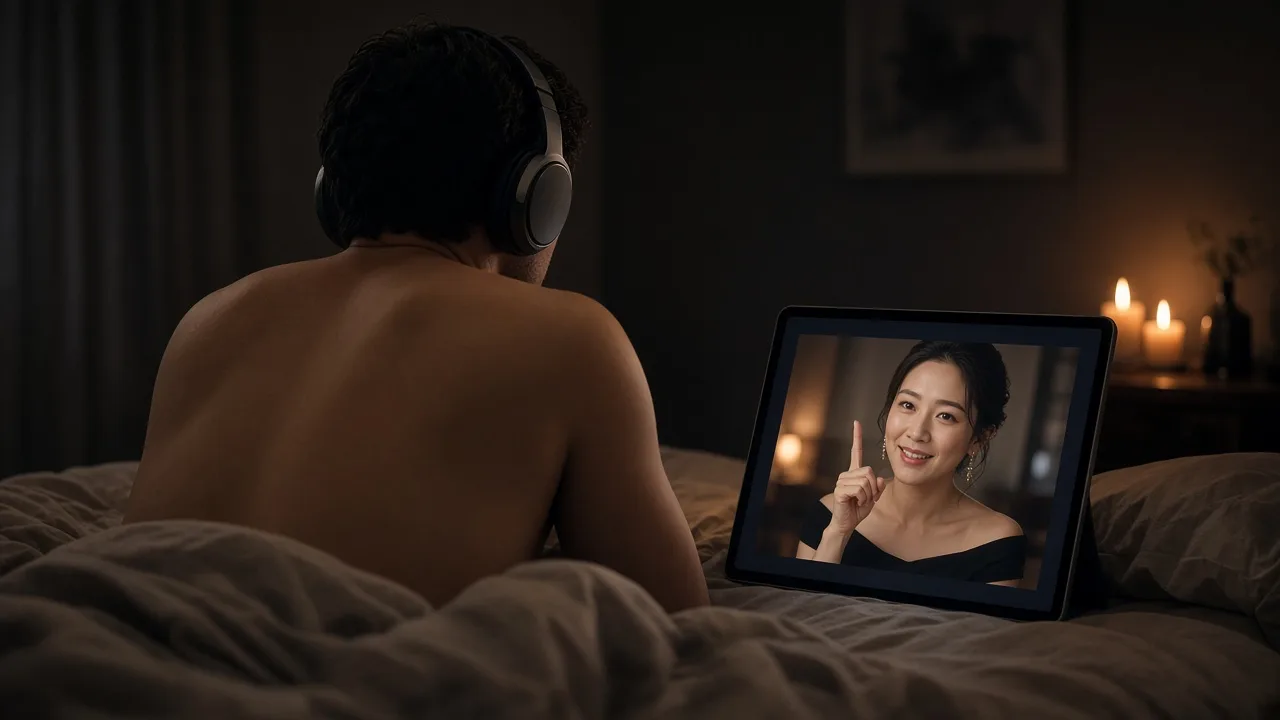 ヘッドホンをつけてベッドに腹ばいになった上半身裸の男性の後ろ姿と、タブレットの画面の中で指を立てて微笑む女性のイメージ